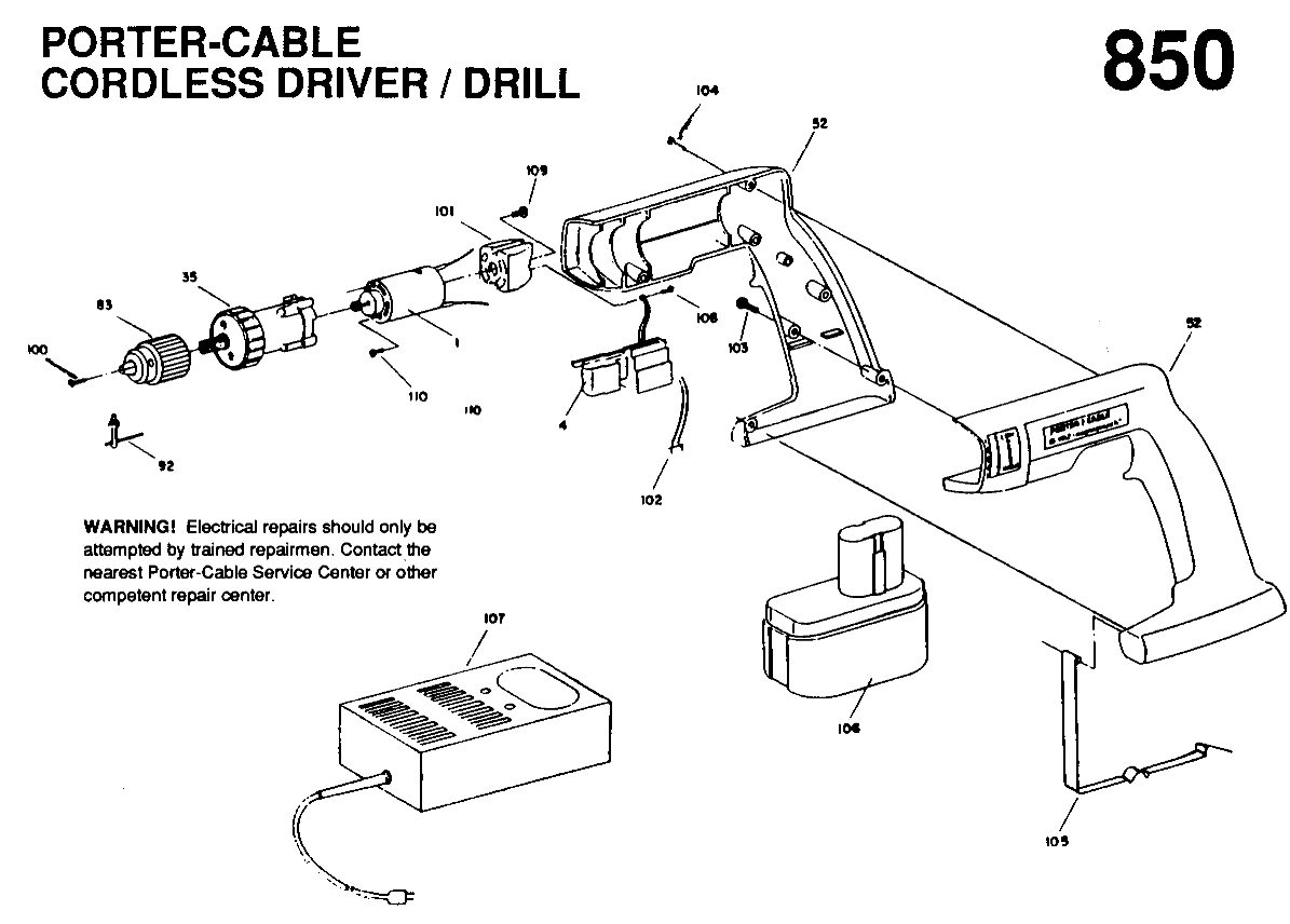 Default Diagram and Parts List for J-850 Type 1 Porter Cable Boring Machine